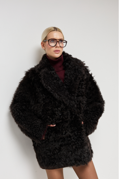 Dark chocolate curly sheepskin coat